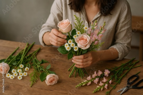 Florist carefully arranging pink roses, daisies, and other flowers into a beautiful bouquet on a wooden table