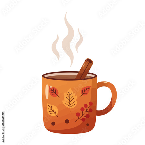 A mug of hot drink with cinnamon stick and leaves.