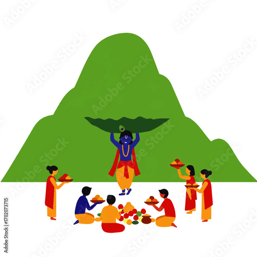 Lord Krishna Lifting Govardhan Hill Hindu Festival Celebration.
