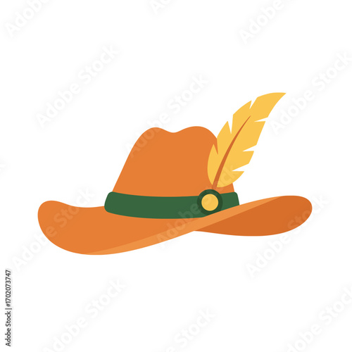 An orange hat with a green band and feather.