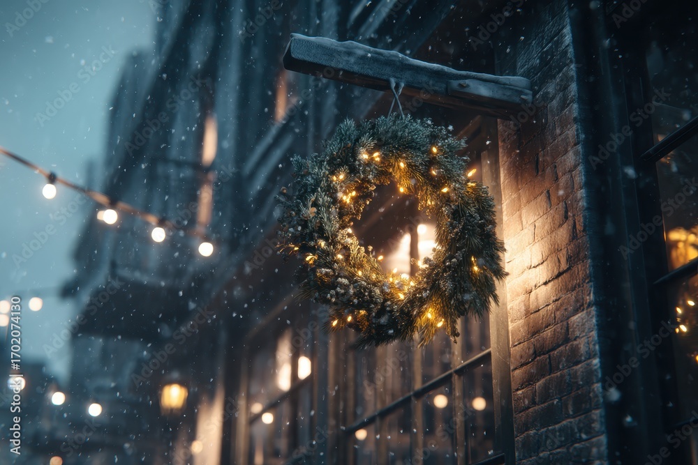 Naklejka premium Beautiful winter scene with festive wreath and twinkling lights in a cozy urban setting during snowy evening
