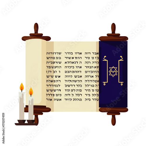 Sacred Torah Scroll and Lit Candles.