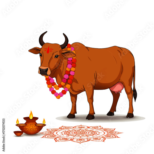 Sacred Indian Cow with Traditional Festival Decorations.