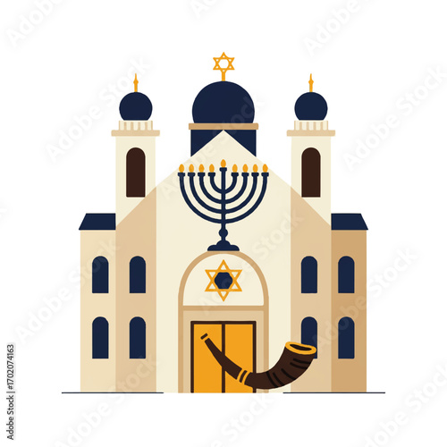 Synagogue with Menorah and Shofar Illustration.