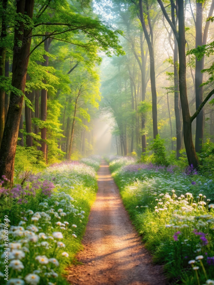 Fototapeta premium Gentle mist rises from a serene forest path lined with blooming wildflowers in soft focus