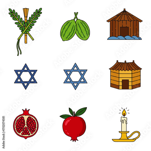 Traditional Jewish Holiday Symbols and Festival Icons.