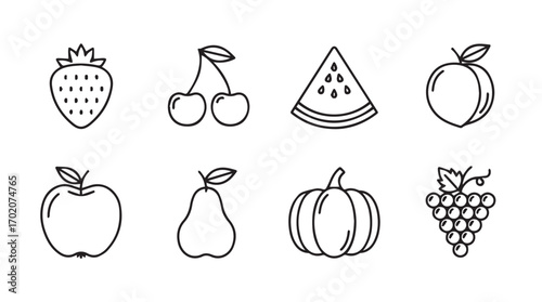 Collection of eight hand drawn fruit and vegetable icons in a simple outline silhouette style