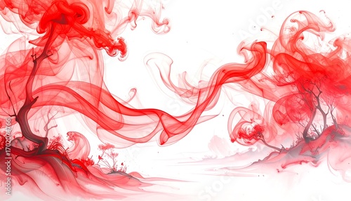 Abstract red ink swirling in water on a white background.