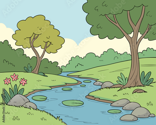 2D Cartoon Serene River Landscape – Grassy Banks, Green Trees, Lilypads, Rocks, and Clear Blue Sky – Tranquil Nature Background for Animation & Illustration See Less