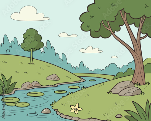2D Cartoon Serene River Landscape – Grassy Banks, Green Trees, Lilypads, Rocks, and Clear Blue Sky – Tranquil Nature Background for Animation & Illustration See Less