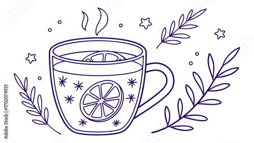 "Hand-drawn thin line glass mug with lemon slice. Minimal doodle drink sticker, aesthetic outline vector for lifestyle, café branding, planners, and cozy beverage design."