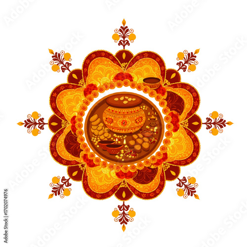 Vibrant Indian Festival Puja Thali Design.