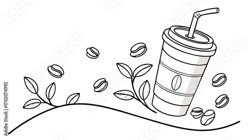 "Hand-drawn thin line takeaway coffee cup with straw. Minimal doodle outline style drink sticker vector. Aesthetic café icon pack for lifestyle, planners, and branding."