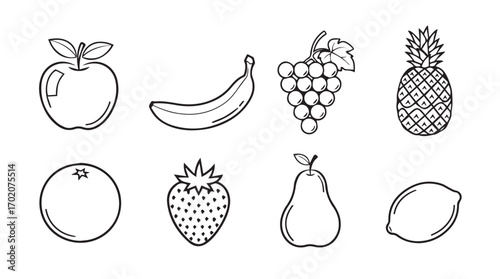 Collection of assorted fruit silhouettes in a simple line drawing style silhouette