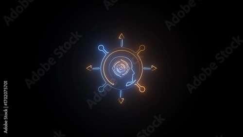 Blue and Orange Neon Human Head with Arrows Icon, Modern Decision Making, Leadership, Strategy Symbol, On Dark Background.