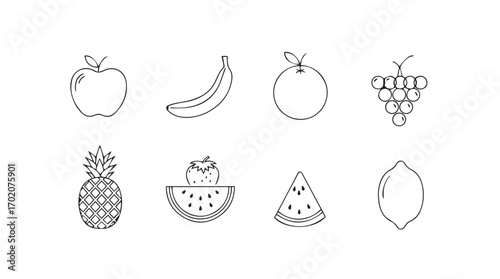 Collection of hand drawn fruit icons in a simple outline silhouette style