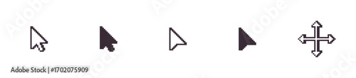 Retro Pixel Arrow Cursor Icons Set with Mouse Pointers and Move Tool for UI UX Design and Digital Interfaces