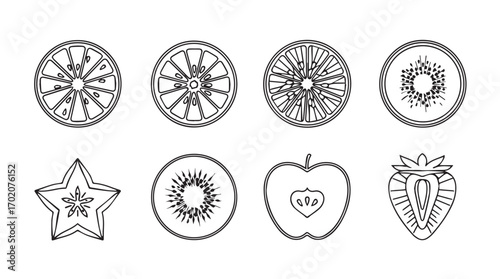 Collection of stylized fruit slices and shapes in a unique silhouette style