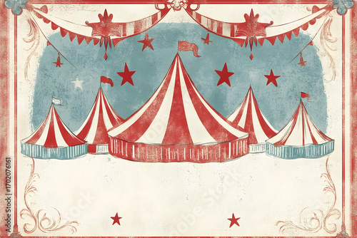 Whimsical circus ticket design featuring stylized red tents and stars