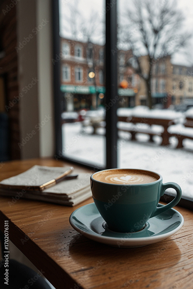 Fototapeta premium A warm cup of coffee on the table of a coffee shop in winter.