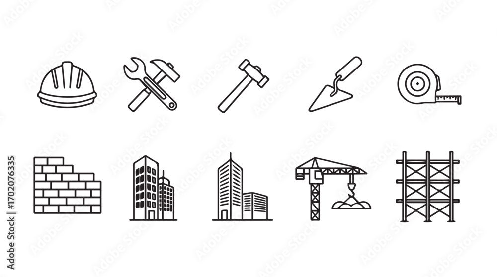 Fototapeta premium Collection of construction industry tools and buildings in a hand drawn silhouette style