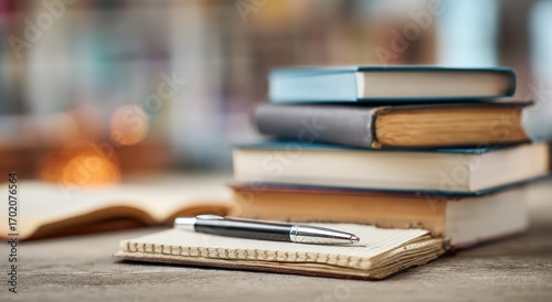 Cozy Reading Nook: Books, Pen, and Notebook