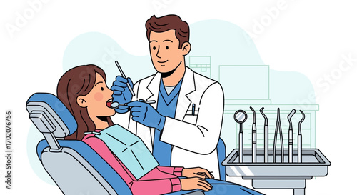 Vector Illustration of Dental Patient and Dentist in Modern Dental Clinic Style with Bright Colors