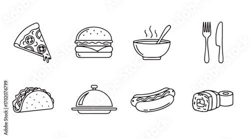 Collection of delicious food icons in a simple hand drawn silhouette style
