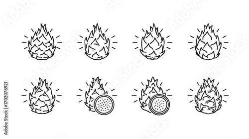 Collection of dragon fruit illustrations in a distinctive silhouette style