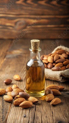 Almond oil in clear glass bottle on wooden surface with scattered almonds and walnuts