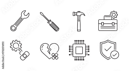 Collection of hand drawn repair and technology icons in silhouette