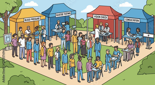 Vector Illustration of Community Health Screening Event with Tents and Medical Staff in Modern Style