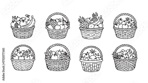 Collection of eight hand drawn wicker baskets filled with various items silhouette