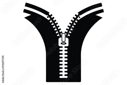 Partially Unzipped Black Zipper Showing Teeth and Slider, Divided at the Top Edges