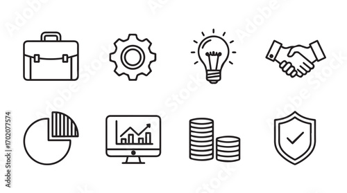 Collection of business icons in a simple line drawing silhouette style