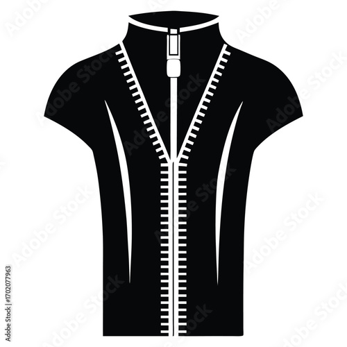 Black short sleeve jacket featuring a visible zipper running vertically down the center