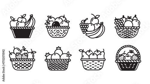 Collection of eight stylized fruit basket icons in a simple line art silhouette style