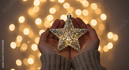 Hands tenderly holding a radiant star ornament