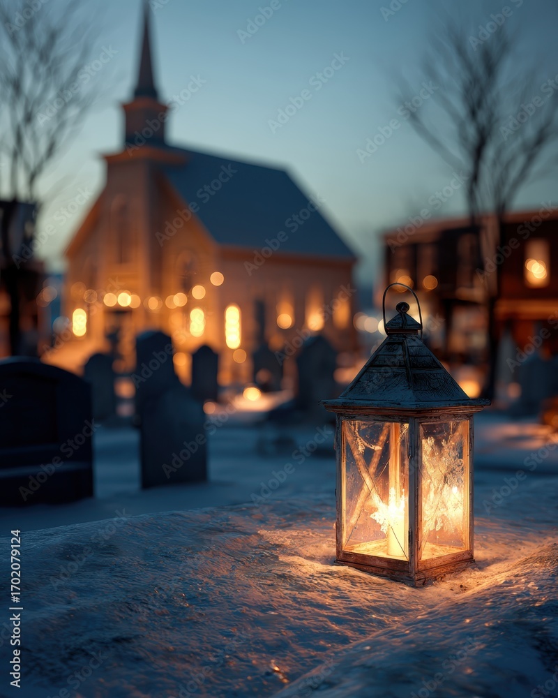Fototapeta premium Glowing Lantern in Snowy Graveyard with Church and Trees at Dusk, Winter Atmosphere and Peaceful Setting