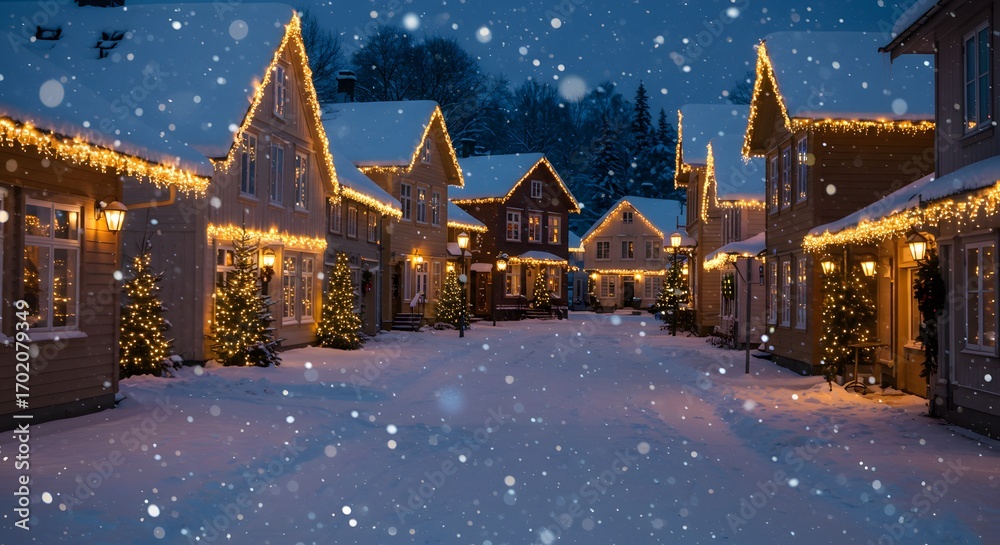 Fototapeta premium Festive village illuminated by holiday lights