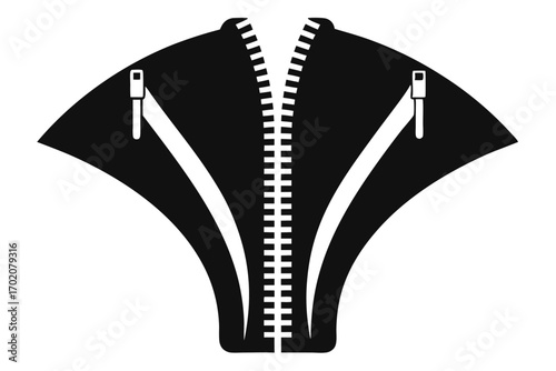 Stylized Black and White Vector Graphic of an Open Zippered Garment or Design Element