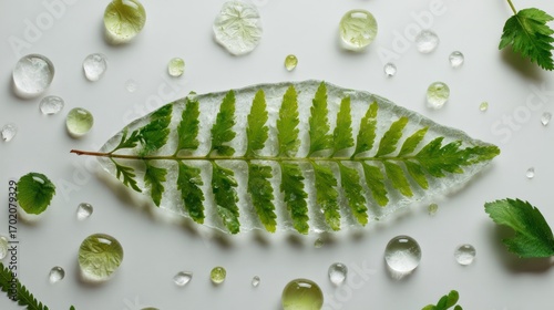 Wallpaper Mural Green fern leaf inside transparent water drops on white surface Torontodigital.ca