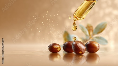 Wallpaper Mural Drops of oil falling on argan nuts with green leaves Torontodigital.ca