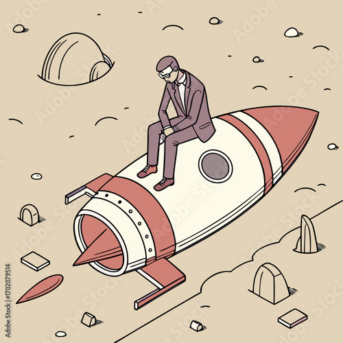 Flat design illustration of a businessman sitting on a crashed rocket, symbolizing failed startup, business risk, financial loss, setback, and unsuccessful project launch.