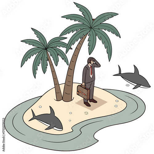 Vector illustration of a businessman stranded on a deserted island with sharks circling around, representing financial risk, business crisis, danger, survival and corporate struggle.