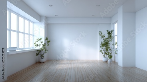 Wallpaper Mural Bright Empty Room with Hardwood Floor, Large Windows, and Plants for Interior Design Torontodigital.ca