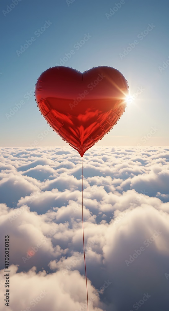 Fototapeta premium Heart Balloon Above the Clouds: A 3D Render