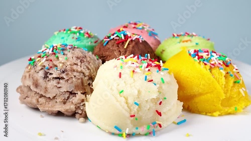 Set of scoops ice cream of pistachio, chocolate, vanilla, mint, mango and berry with decorated sprinkles on blue background, rotation