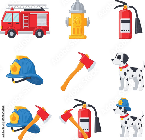 Firefighting equipment and dalmatian dog representing fire safety and emergency response, promoting awareness and preparedness for fire hazards.
