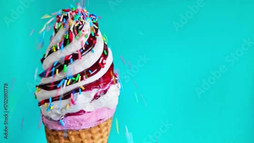 ice cream cone showcased in slow motion, sprinkles showering down, creating joyful atmosphere against vibrant blue color, copy space, slow motion